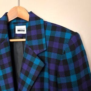 LESLIE FAY 90s checkered oversized blazer wool blend Teal Purple jacket Sz 10